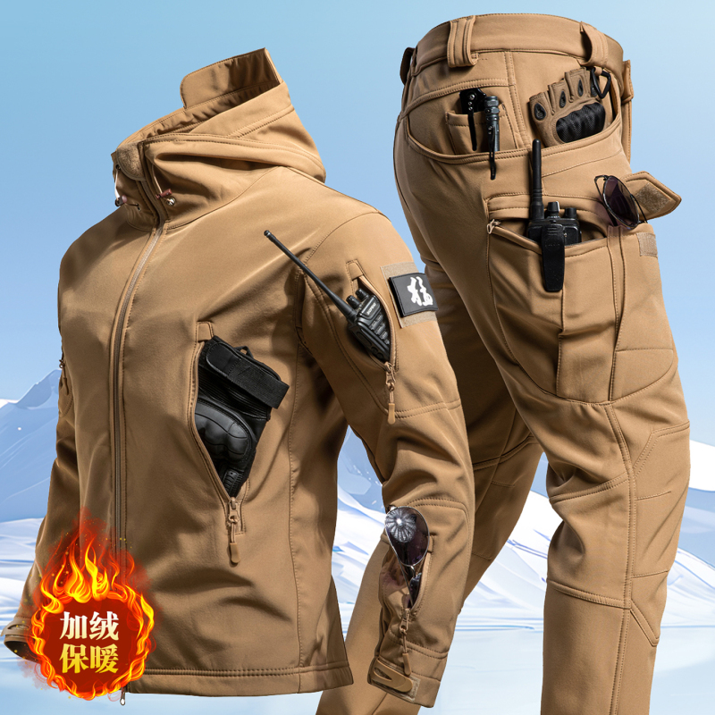 Shark Skin Jacket Suit for Men, Winter Windproof Soft Shell Jacket, Cycling Suit, Autumn and Winter Mountaineering, Skiing and Fishing Suit