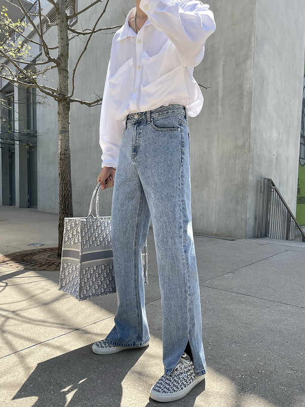 Spring and Summer Cropped Jeans for Men 2025 New Style ins Trendy Korean Version Loose Split Hem Floor-Length Straight Pants Trendy