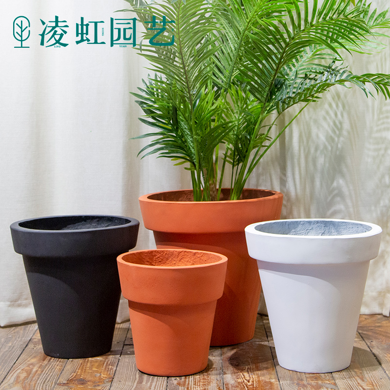 Round cement flower pot Double-layer large cylindrical magnesia mud flower pot Simple Nordic style European black and white balcony living room
