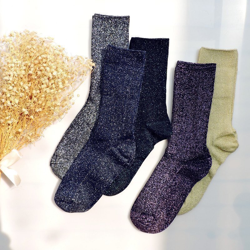 Gold and Silver Thread Stacked Socks, Silver Onion Fashion Show Classic Fashion Socks, Pure Cotton Shiny Mid-Calf Socks, Spring and Autumn Trendy Women's Socks