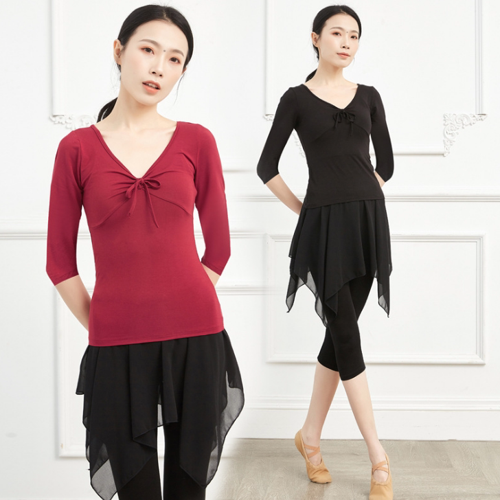 Sashimi V neckline butterfly knot short sleeve Morden Latin dance practice Tight Fit Mid Sleeve Sexy Dancing Blouse Women Big