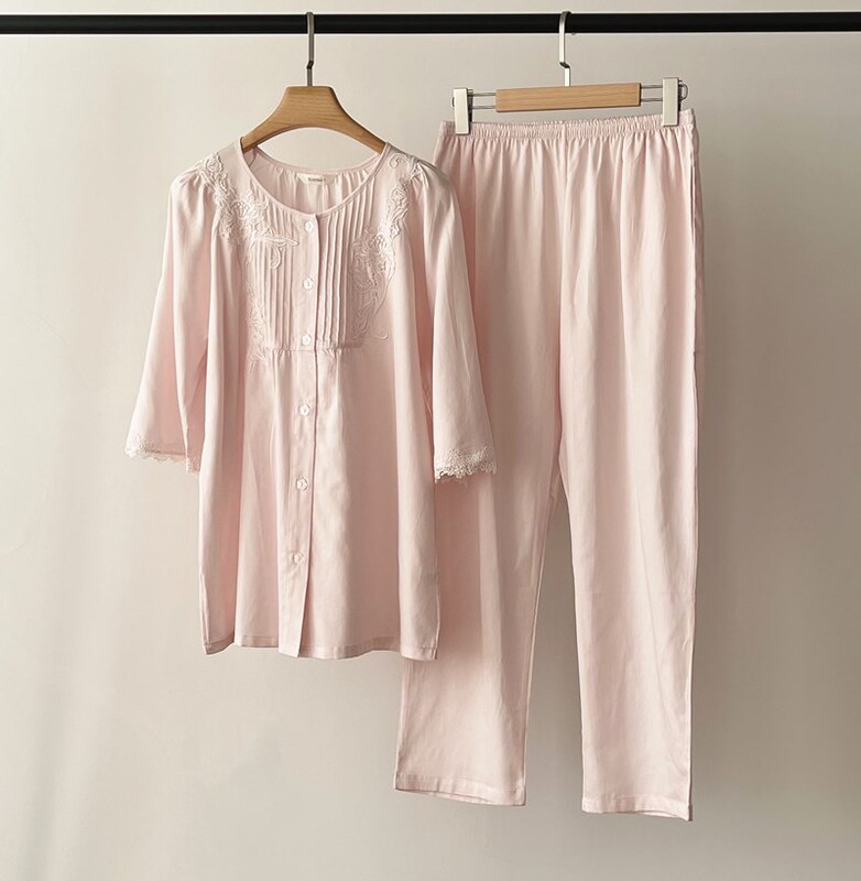 Rossmei Spring and Summer New Product 13043 Pure Cotton Zhigong Round Neck Lace Mid-Sleeve Slanted Shoulder Pants Home Pajamas Pants Set