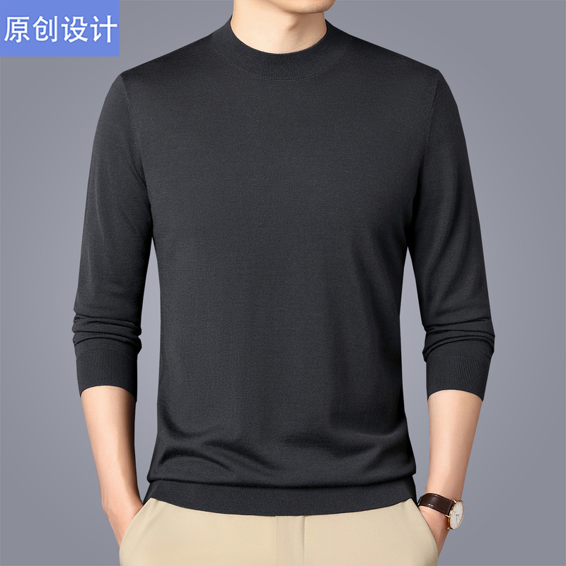 Italian Brand Cashmere Sweater for Men, Semi-High Round Neck Knitwear, Thin Style for Spring and Autumn, Fine-Spun Close-Fitting Wool Base Layer