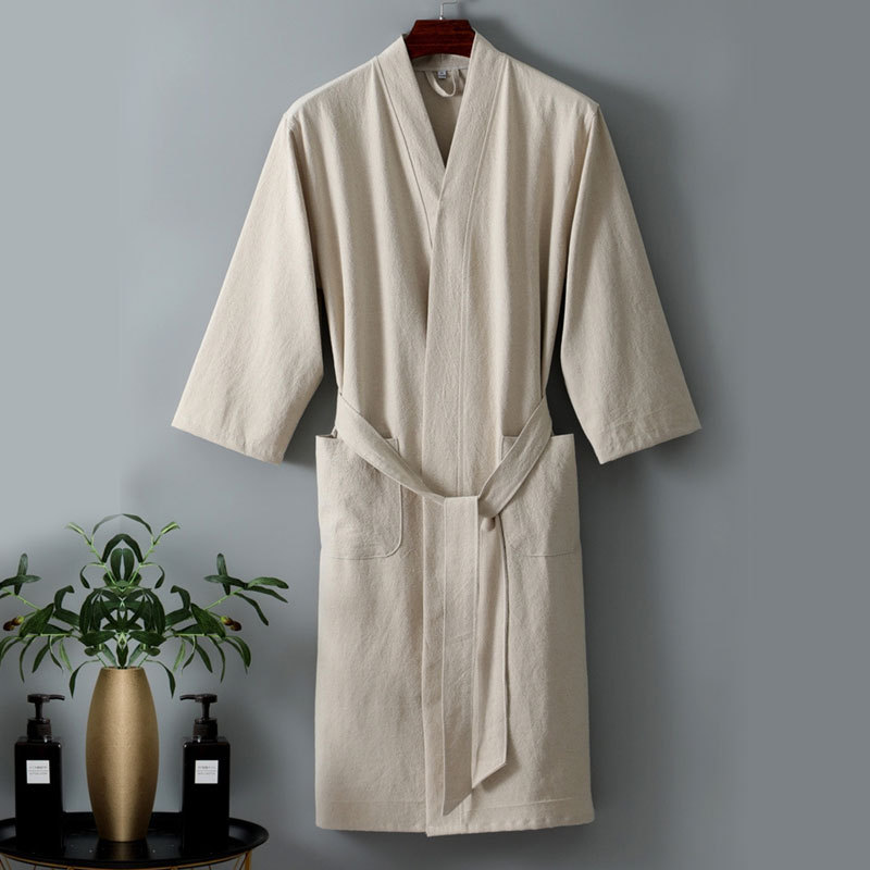 Bathrobe, Cotton and Linen Bath Skirt, Large Size, Sexy Style Pajamas, Water-Absorbent, Quick-Drying Linen Bathrobe, Nightgown, Pure Cotton Nightgown for Men and Women