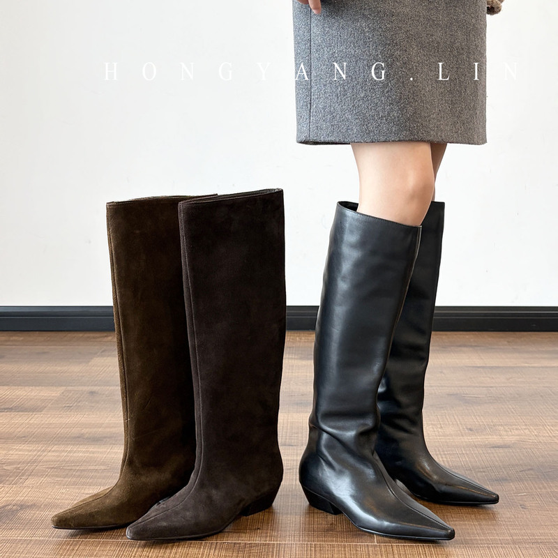 Hongyanglin ~ Retro Matte Leather Pointed Toe Chunky Heel Knee-High Boots for Women 2026 New Style Non-Slip Riding Boots Hongyanglin ~ Retro Matte Leather Pointed Toe Chunky Heel Knee-High Boots for Women 2026 New Style Non-Slip Riding Boots