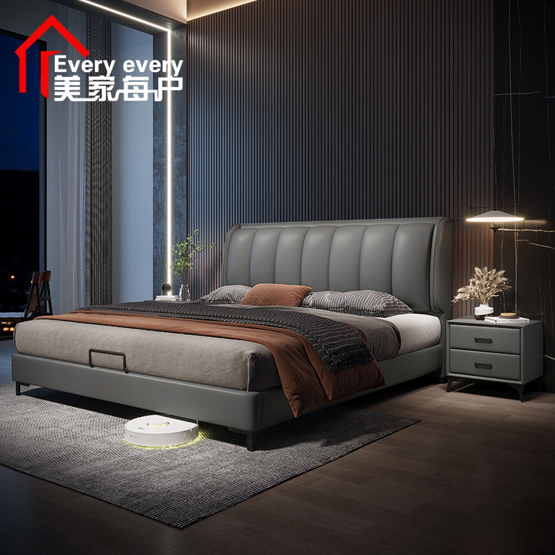 Modern minimalist light luxury solid wood leather bed 1 8m soft foreskin art bed 2022 new minimalist master bedroom double wedding bed