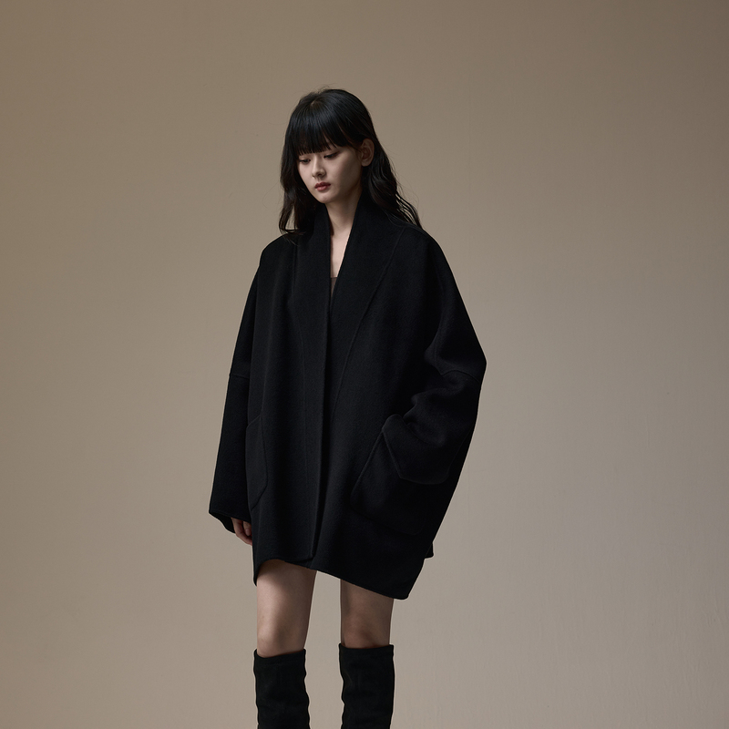 Inout Hrq2025 New Autumn and Winter Bathrobe-Style Batwing Sleeve Cocoon-Shaped Mid-Length Double-Sided Woolen Coat