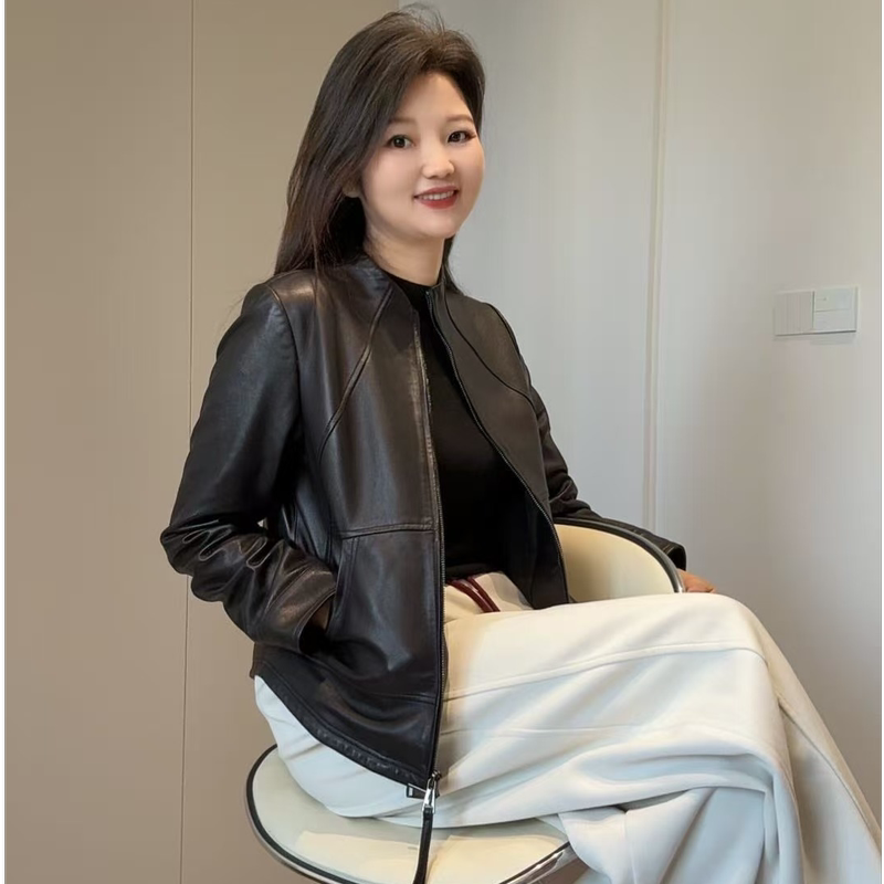【2566】Yoga-Style Sheepskin Vegetable-Tanned Leather Slim-Fit Genuine Leather Jacket Short Coat Casual and Comfortable