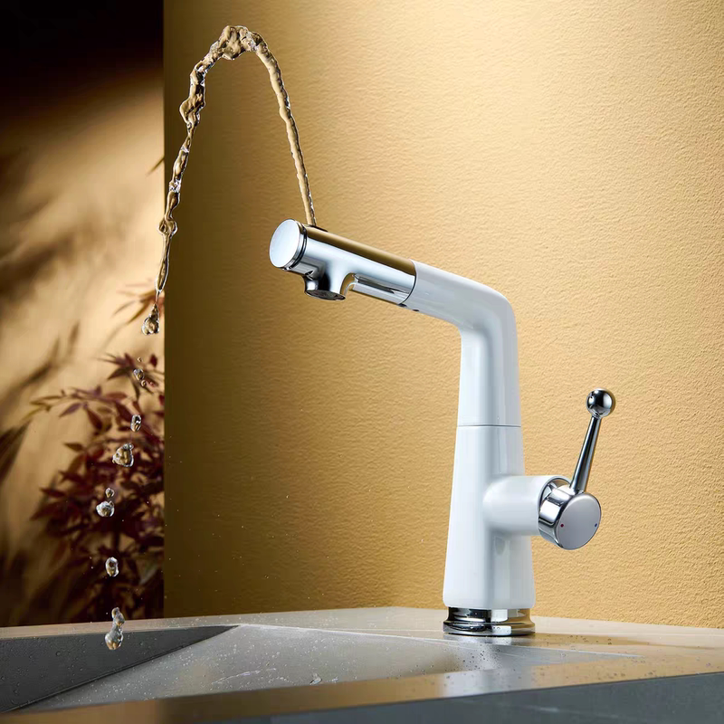 New Pull-Out Basin Faucet with Hot and Cold Water, Adjustable Height and Rotating Head for Shampooing, Bathroom, and Washbasin Faucet with Newpo Pipe