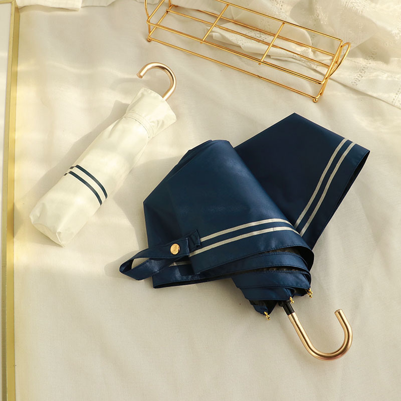 Rdaseg Navy Striped Tri-Fold Folding Hook Umbrella for Women, Dual-Use for Sun and Rain, Sun Protection Parasol with Metal Hook Handle