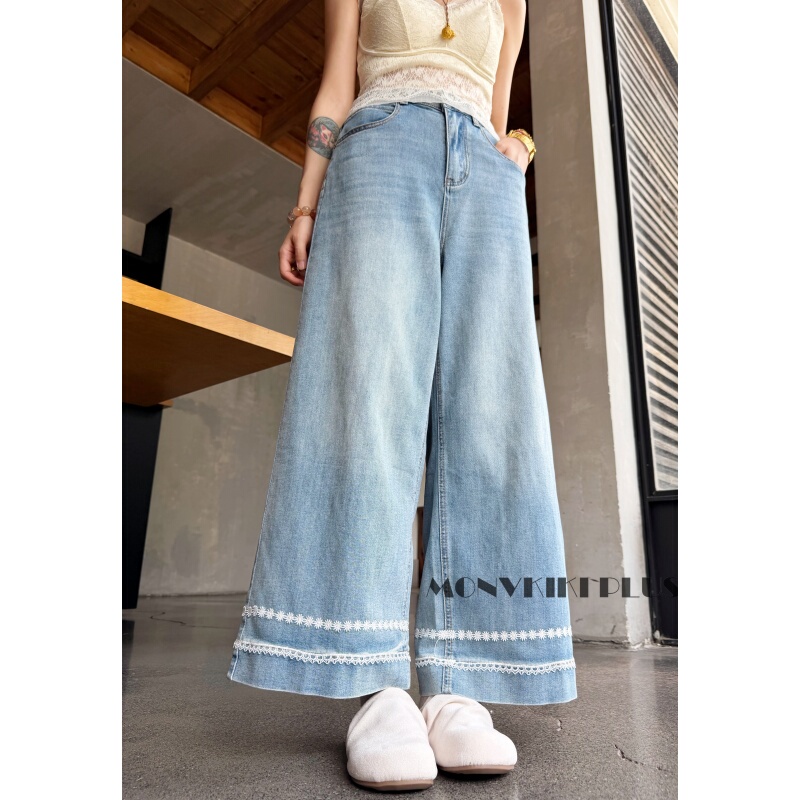 Monvkikiplus10 "Hourglass of Memories" Plus-Size Lace Wide-Leg Denim Cropped Pants # Y49