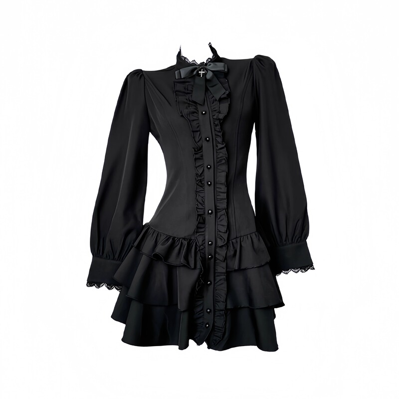 Liuliuge Design-Inspired Black Gothic Retro Autumn Style Waist-Cinching Lace Tiered Skirt Floral Lace Dress Short Skirt
