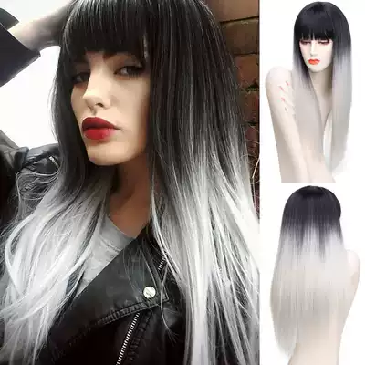 Gray Wigs Straight Hair Cosplay Wig black Gray Gradient zigzag long Straight Hair Wig