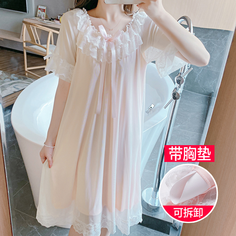 Sleeping Skirt Woman Summer Ice Silk Modele Lace Mesh Yarn Sweet Palace Fairy Princess Wind With Chest Cushion Pyjamas