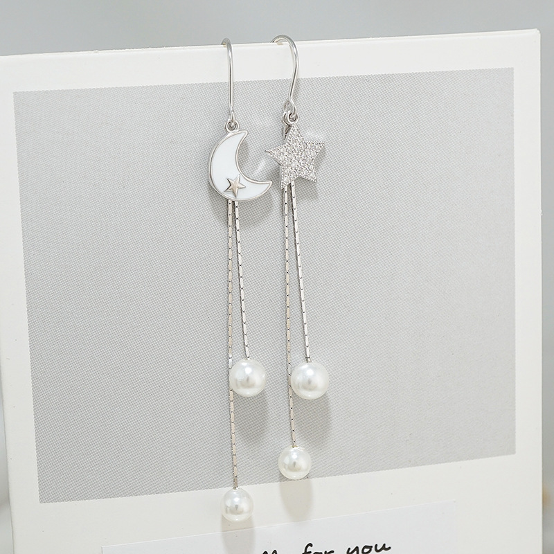South Korea s925 Earrings Asymmetrical Stars Moon Pearl Pentagram FLOW SUEAR Long version of pure silver earrings