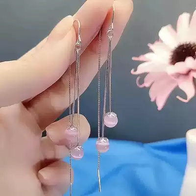 2021 New Korean temperament earrings S925 sterling silver simple fashion pink cat's eye stone long version of tassel ear refining