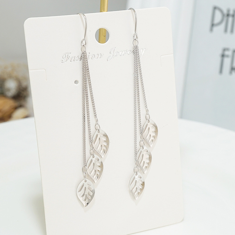 Earrings European and American s925 pure silver long version of leaf hollowed ear pendant fluttering Sotempera leaves earring earrings