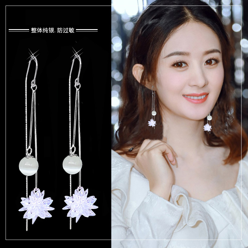 Pure Silver Ear Ring Female Long Version Purple Ice Blossom Cat Eye Stone Advanced Sensual Temperament Flow Su New Tide Anti-Lose Ear Necklace