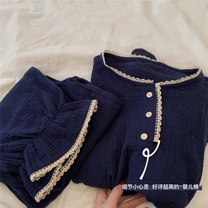 Han Prints Sweet Lace Side Pure Cotton Cotton Cloth Sleeping Dress Lady Spring Long Sleeve Long Pants Pyjamas home clothes Home Two suits-Taobao