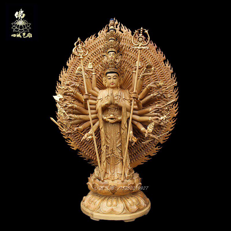 木雕站千手观音菩萨香樟木佛像家居佛堂寺庙供奉摆件工艺品定制