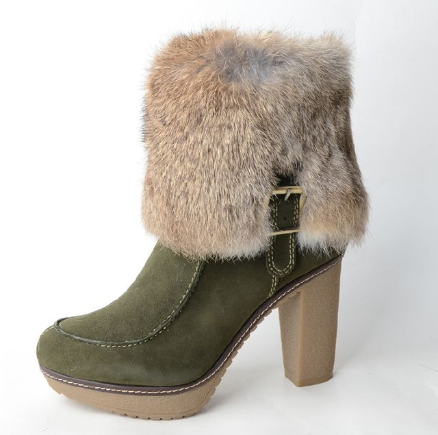 34-35 cowhide Aee love brand furry medium and short boots for women rabbit fur simple buckle high heel thick heel rich small size