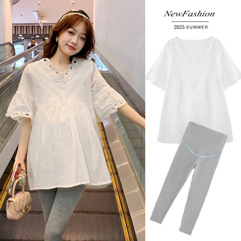 2026 New Maternity Wear Summer Suit Summer Top Loose Fit Stylish Cotton T-Shirt Short Sleeve Two-Piece Set