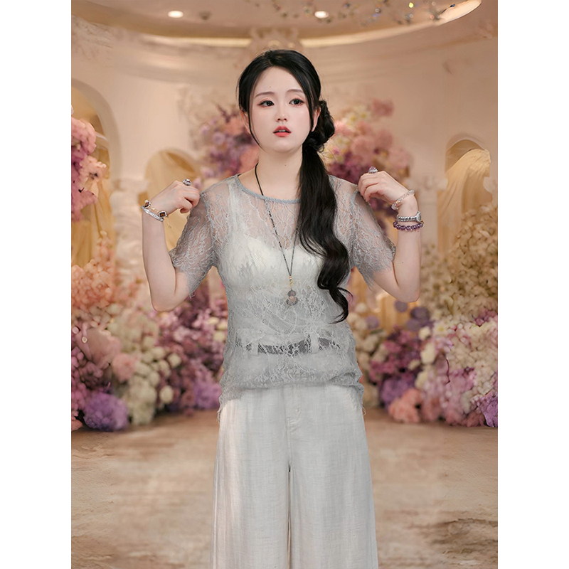 Meixi 2026 Summer New French-Style Embroidered Hollow-Out Sheer Blouse, Casual Versatile Round-Neck Short-Sleeve Top