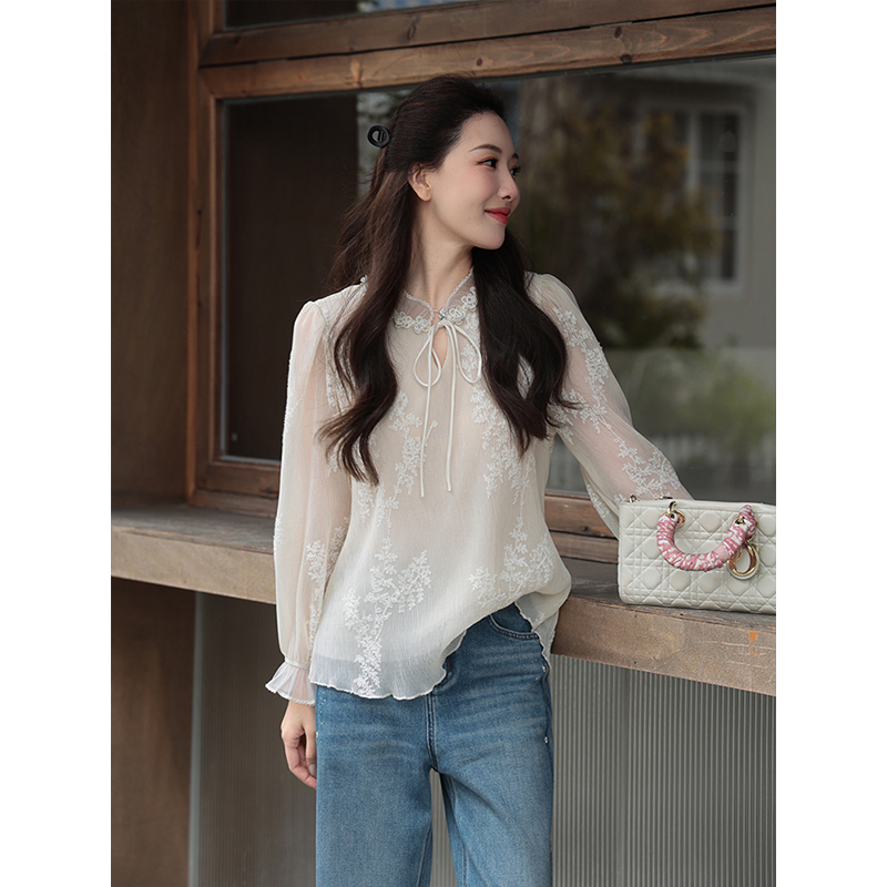 Meixi [Soft Cloud Rose] Mulberry Silk Shirt for Women, New Spring and Summer Slim-Fit Chiffon Blouse with Lace Inner Layer
