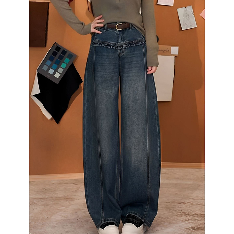 Meixi【Romantic Denim】High-Waisted Wide-Leg Jeans for Women with Ruffled Design, Slimming and Drapey Straight-Leg Casual Pants Meixi【Romantic Denim】High-Waisted Wide-Leg Jeans for Women with Ruffled Design, Slimming and Drapey Straight-Leg Casual Pants