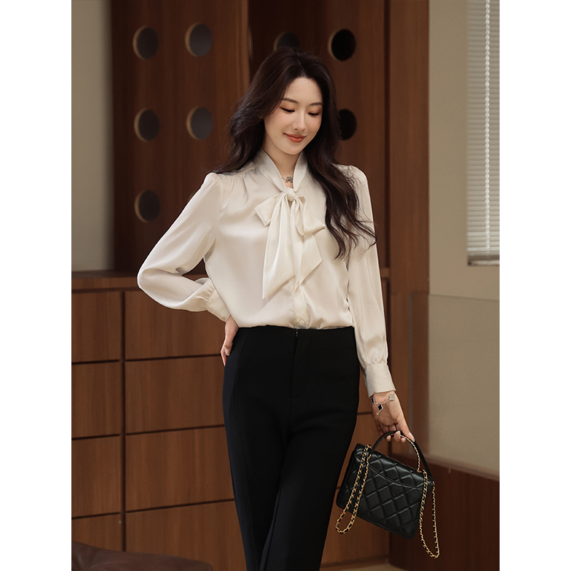 Meixi [Elegant Dream] French-Style Bow White Shirt for Women, Spring Elegant Versatile V-Neck Long-Sleeve Top