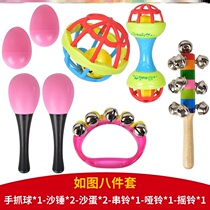 Female Baby Tracking Vision 6-12 Months Touch Sensation Suit Pressed hand gripping listening to a small hammer baby holding a rocking bell 