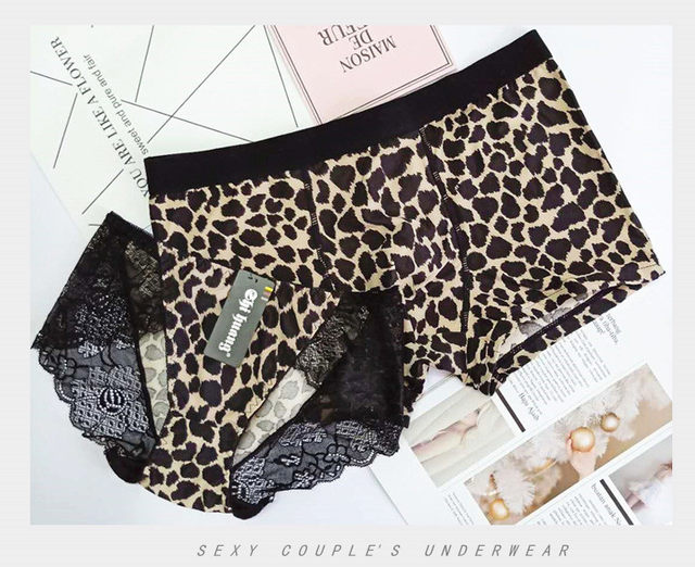 Plus Size Fat Couple Underwear Panty Set Leopard Print Sexy Lace Modal  Cotton Men's Boxer Women's