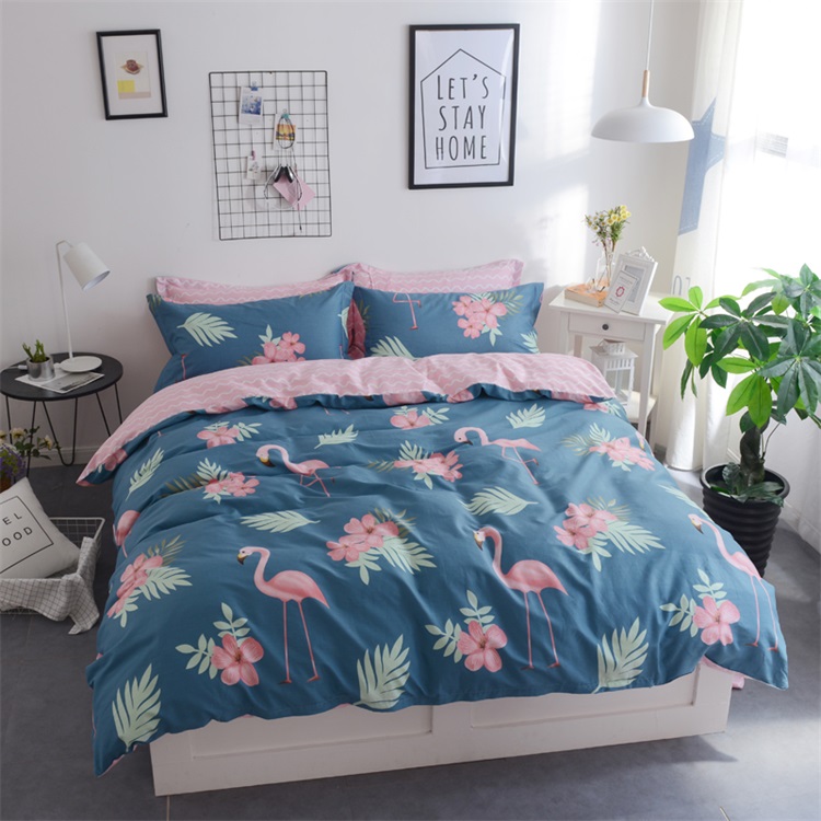 Cotton đơn giản bốn mảnh flamingo phim hoạt hình bông bộ đồ giường 1.2 m khăn trải giường quilt cover ba mảnh