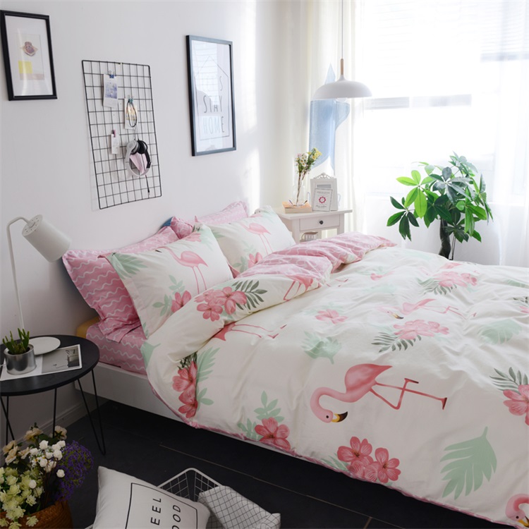 Cotton đơn giản bốn mảnh flamingo phim hoạt hình bông bộ đồ giường 1.2 m khăn trải giường quilt cover ba mảnh