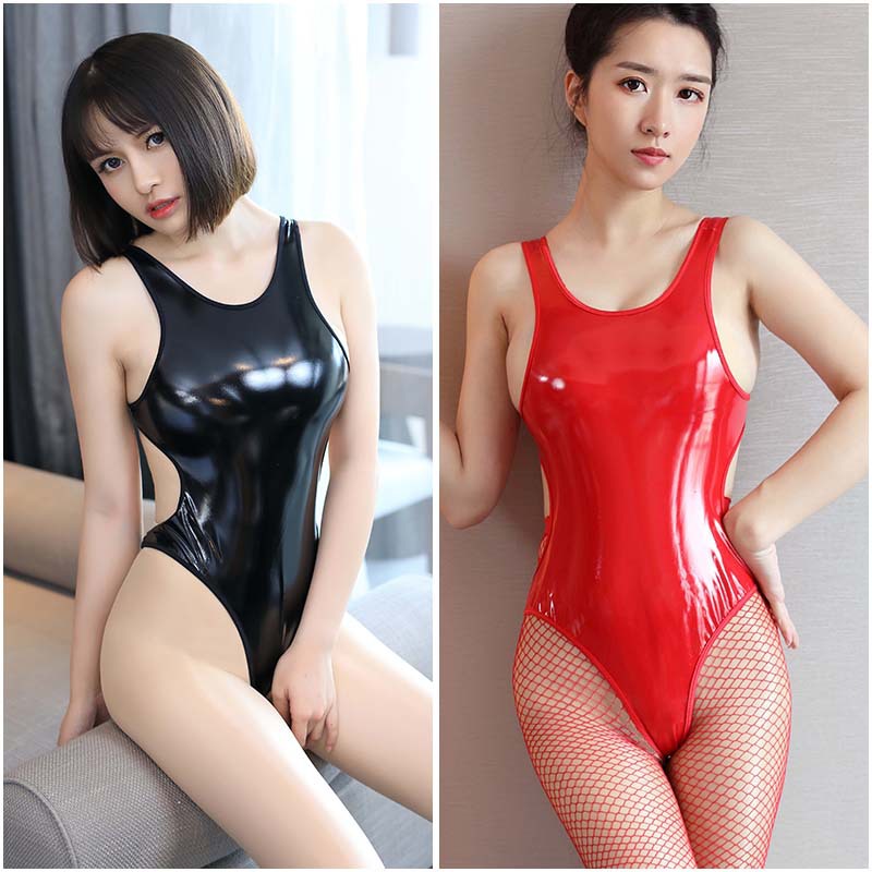 2019 new sexy swimsuit one-piece swimsuit female imitation leather PU bright patent leather backless high fork tight temptation red and black