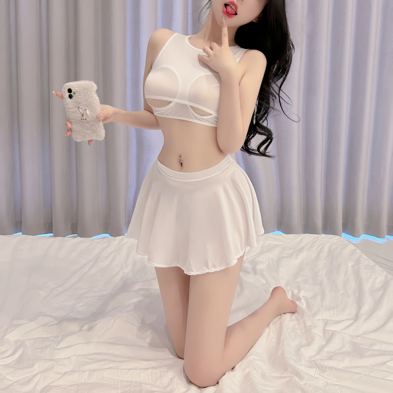 Ultra-Thin, Silky, Transparent, Open-Chest, Unique Top, Ultra-Short Pleated Skirt, Unlined Revealing Half Skirt, Short Skirt for Women