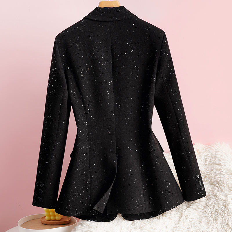Yuxiangyan Women's Blazer, New Spring and Autumn Style, High-End Slim Fit Small Blazer, Fashionable and Unique Black Sequin Suit