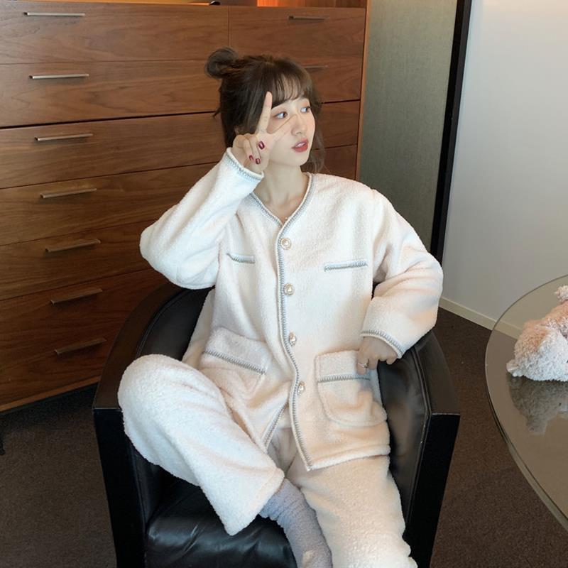 Sweet plush home suit female autumn and winter 2021 new wear plus thick pajamas pajamas two pieces