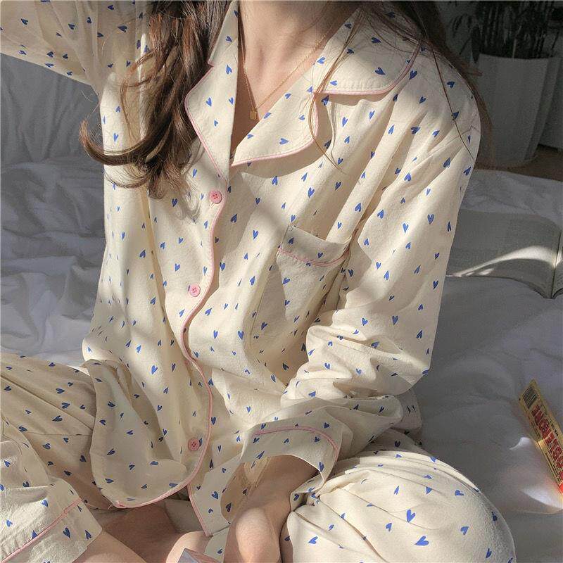 ins sweet and cute pajamas female 2021 Spring and Autumn new love print long sleeve home clothes two piece set