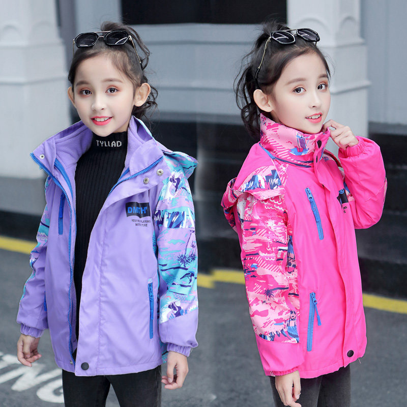 Girls spring, autumn and winter outdoor windproof plus fleece jacket 2021 three-in-one detachable polar fleece liner jacket