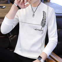 Long sleeve T-shirt Mens Tide Brand 2021 Spring and Autumn Korean New Fashion Slim Casual Handsome Feather Print Sweatshirt