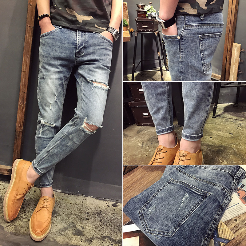 Breaking Hole Jeans Spring Summer New Thin style Light Color Tide Card Trend Han Edition 100 Hitch a small foot 90% pants man