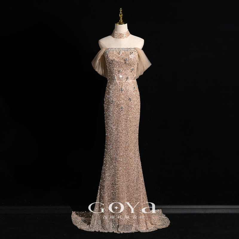 Champagne-Colored Off-The-Shoulder Toast Dress, Bride's Engagement Fishtail Dress, High-End Light Luxury Sequin Evening Dress for Female Host
