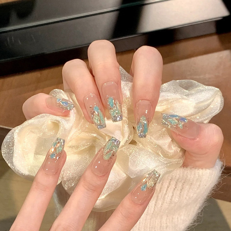 Handmade Ice-Clear Qingdi Wearable Nails, Aurora Sparkling Nail Art Finished Product, Fake Nails, Suitable for Pregnant Women, Removable