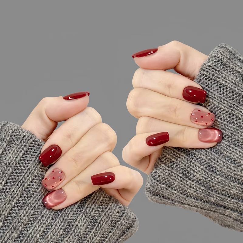 Handmade Red Cat-Eye Whitening Short Press-On Nails 2024 New Year Style Fake Nail Patches Suitable for Pregnant Women