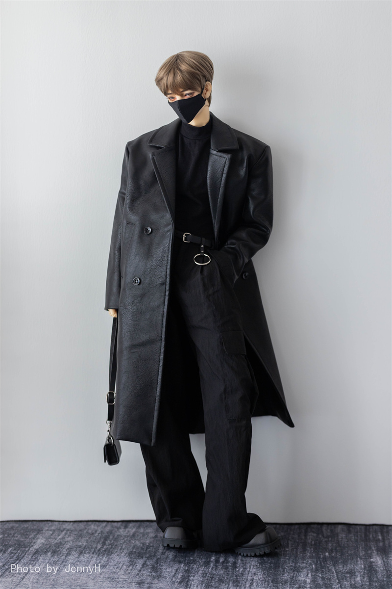 (Click-Click Planet) BJD Waters for men's strong uncles ID75 black long covered with kneecap double-row buttoned leather coat-Taobao