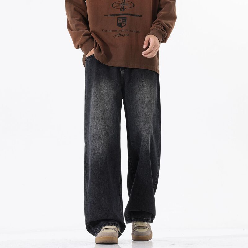 Dl Brand American-Style Trendy Semi-Elastic Waist Jeans for Men, Versatile Wide-Leg Straight Casual Pants for Teenagers