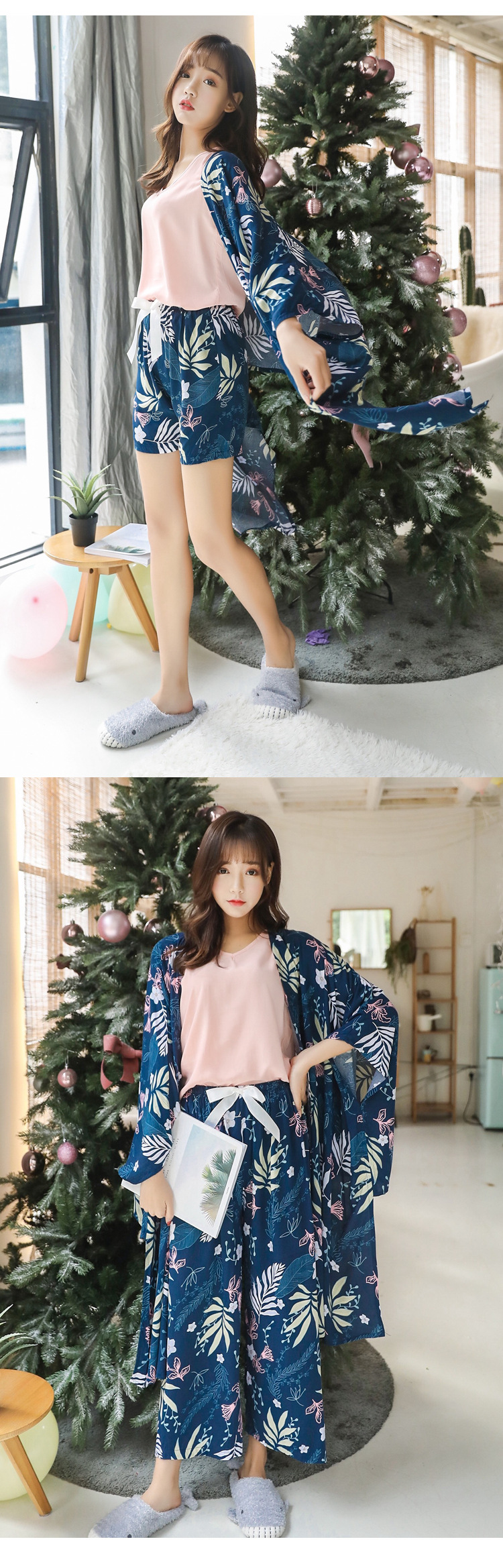 Mùa xuân mới tươi lá phong nữ đồ ngủ bốn mảnh set đồ thoải mái cotton cotton ngắn vest vest phụ nữ - Nam giới áo ngủ nam