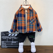Boy plus velvet shirt autumn and winter foreign atmosphere 2021 New Korean version of small children Plaid thick shirt boy coat tide