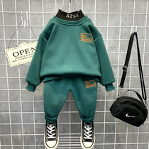 Childrens winter clothes boy plus velvet set 2021 new foreign baby leisure sports two-piece thick tide childrens clothing
